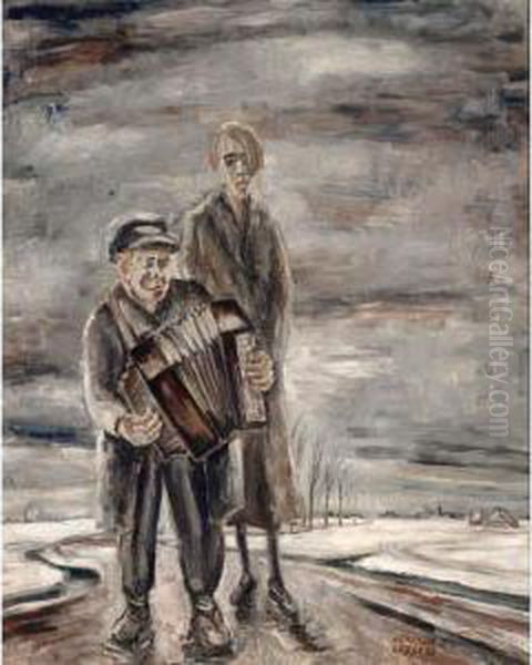 Landscape In Winter With Wandering Musicians Oil Painting by Adriaan Lubbers