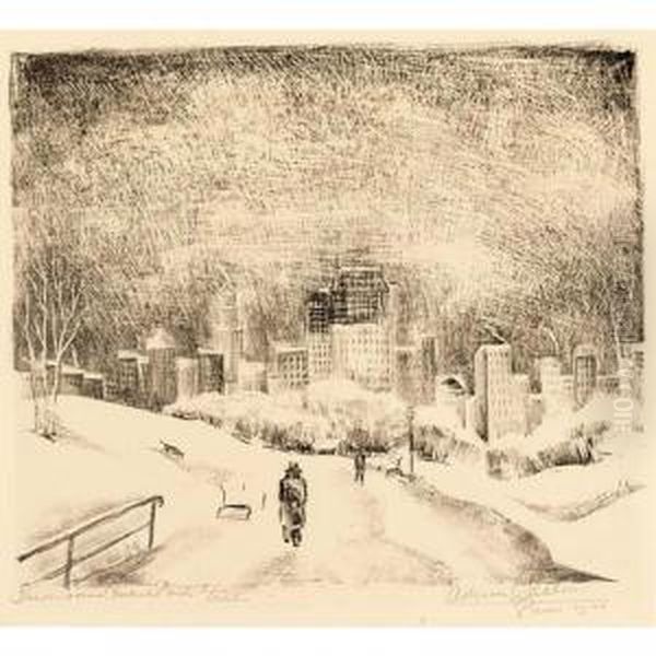 Snow Over Central Park Together With Two Woodcuts By Jan Van Der Zee Oil Painting by Adriaan Lubbers