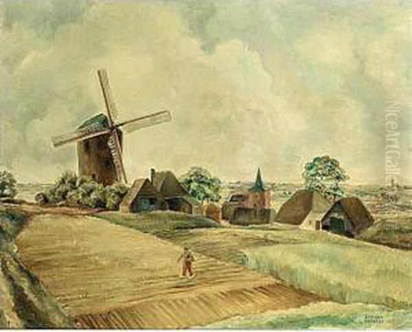 A Peasant On His Land With A Windmill Beyond Oil Painting by Adriaan Lubbers