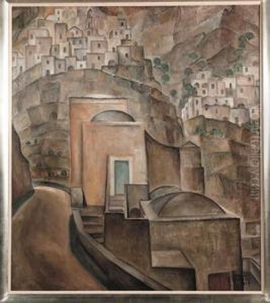 A Landscape With Houses In Positano - Li Parlatti Oil Painting by Adriaan Lubbers