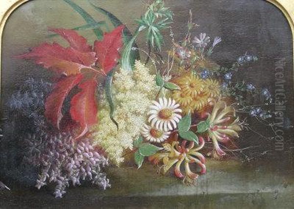 A Still Life Composition With Honeysuckle, Heather And Elder Floweron Stone Ledge Oil Painting by Albert Durer Lucas