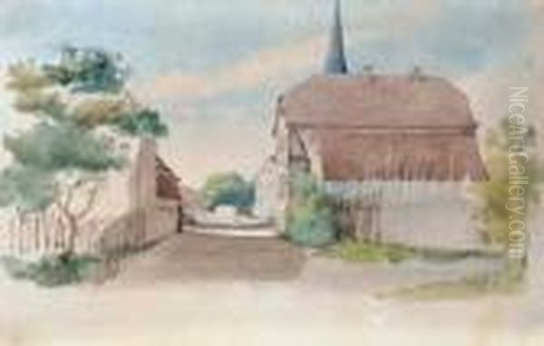 Dorfstrasse In Alsbach/bergstrasse. Verso: Bleistiftskizze. Oil Painting by August Lucas