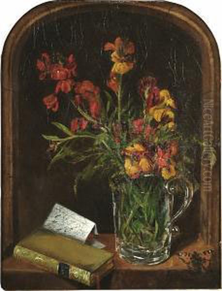 Still Life Of Irises In A Glass Jug In A Niche, With A Book And A Butterfly Oil Painting by Edward George Handel Lucas