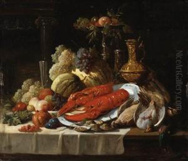 Still Life With Lobster, Oysters, Fruit And Fowl On A Drapedtable. Oil Painting by John Seymour Lucas