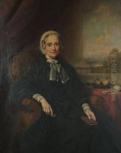 Portrait Of A Seated Lady, 
Three-quarter Length, In A Columned Interior With A Landscape Beyond, 
Thought To Depict The Hon. Emma Stapleton, Viscountess Midleton. Oil Painting by John Templeton Lucas