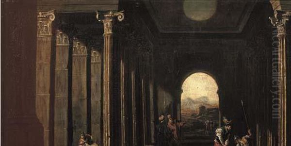 Capriccio Architettonico Con Astanti In Primo Piano E Borgo Turrito In Lontananza Oil Painting by Ascanio Luciani