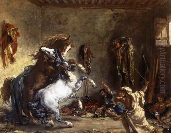 Arab Horses Fighting in a Stable 1860 Oil Painting by Eugene Delacroix