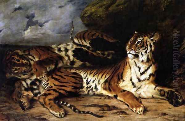 A Young Tiger Playing with its Mother 1830 Oil Painting by Eugene Delacroix