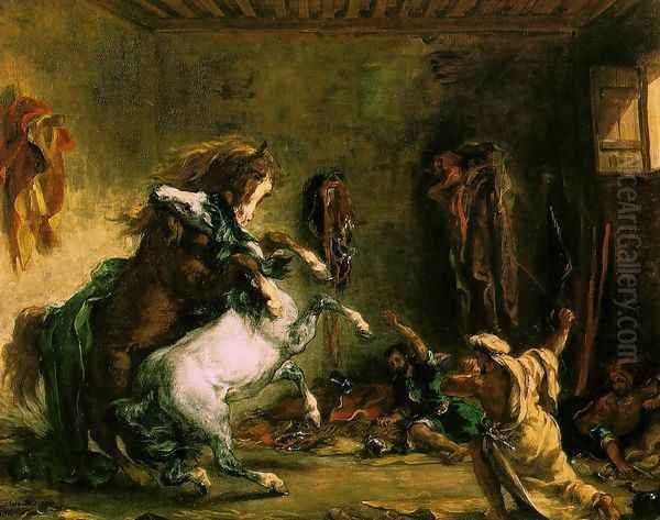 Arabian Horses Fighting in a Stable Oil Painting by Eugene Delacroix