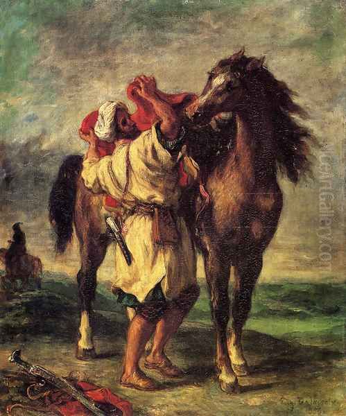 A Moroccan Saddling A Horse Oil Painting by Eugene Delacroix