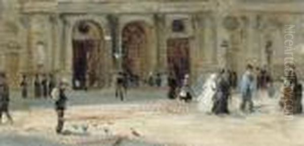 Figures Outside The Louvre Oil Painting by Albert Ludovici