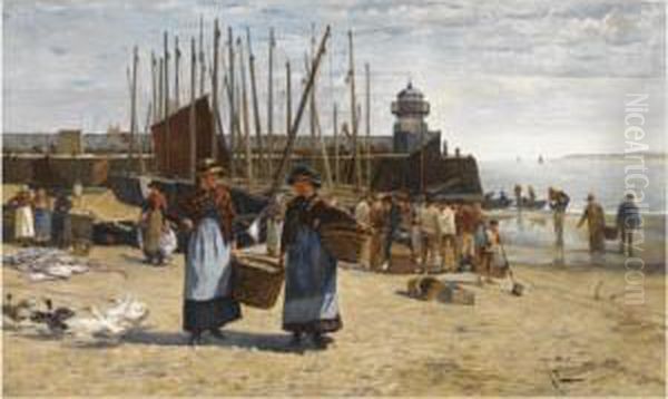 A Fish Sale On A Cornish Beach Oil Painting by Albert Ludovici