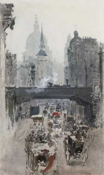 A Steam Engine Passing Over Ludgate Hill, St Paul's Beyond Oil Painting by Albert Ludovici