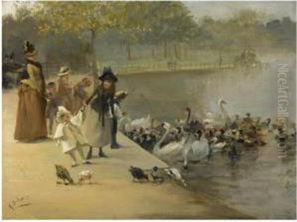 Feeding The Birds, Hyde Park Oil Painting by Albert Ludovici