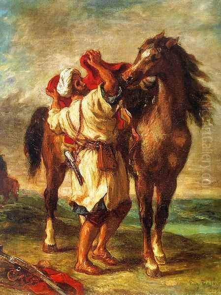 Arab Saddling his Horse 1855 Oil Painting by Eugene Delacroix