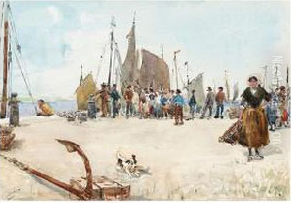 Crowd On The Harbour Oil Painting by Albert Ludovici