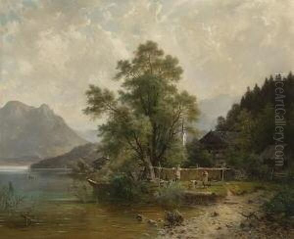 Fischerfamilie Am Ufer Eines
 Gebirgssees. Oil Painting by Henri Louis Ludwig