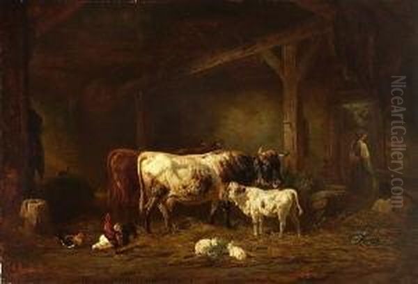 Im Kuhstall. Oil Painting by Henri Louis Ludwig