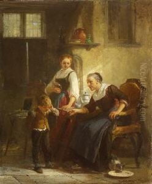 Der Kleine Ubeltater Wird Von
 Seiner Grosmutter Bestraft. Oil Painting by Henri Louis Ludwig