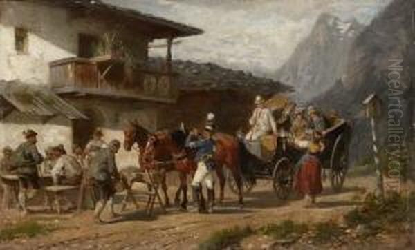 Halt Der Postkutsche Vor Einem
 Bauernwirtshaus. Oil Painting by Henri Louis Ludwig