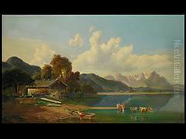 Alpenlandschaft Mit See Und Kuhen Oil Painting by Michael Lueger