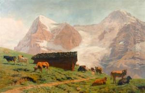 Cows In A Meadow Before The Eiger And Jungfrau. Oil Painting by Albert Lugardon