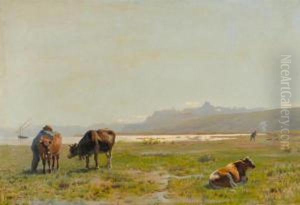 Cows At The Lakeside Oil Painting by Albert Lugardon