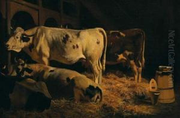 Vaches Al'etable Oil Painting by Albert Lugardon