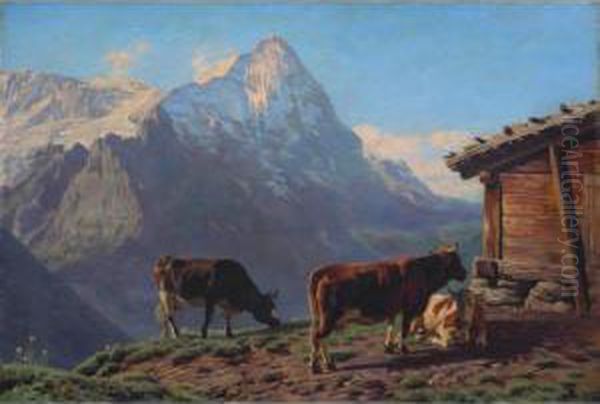 Paysage Aux Montagnes Avec Vaches Oil Painting by Albert Lugardon