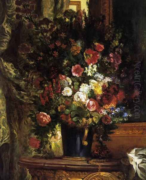 A Vase of Flowers on a Console Oil Painting by Eugene Delacroix