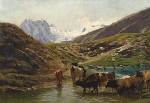 Cows At The Watering Place In The Mountains Oil Painting by Albert Lugardon