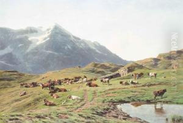 Sommerliche Alp Mit Weidenden Kuhen Im Berner Oberland. Oil Painting by Albert Lugardon