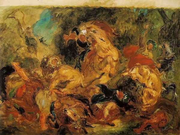 Lion Hunt 1854 Oil Painting by Eugene Delacroix