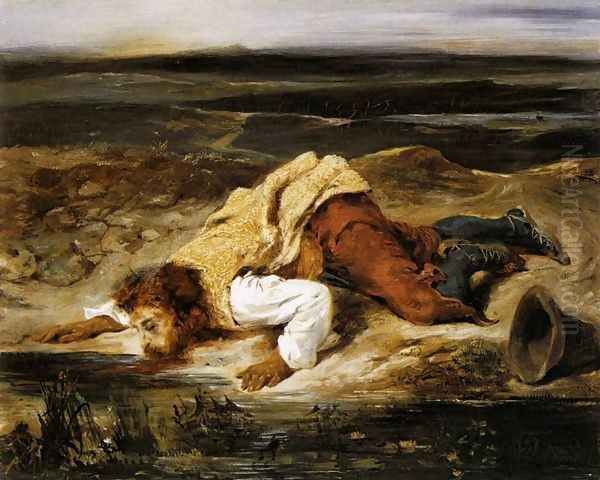 A Mortally Wounded Brigand Quenches his Thirst Oil Painting by Eugene Delacroix