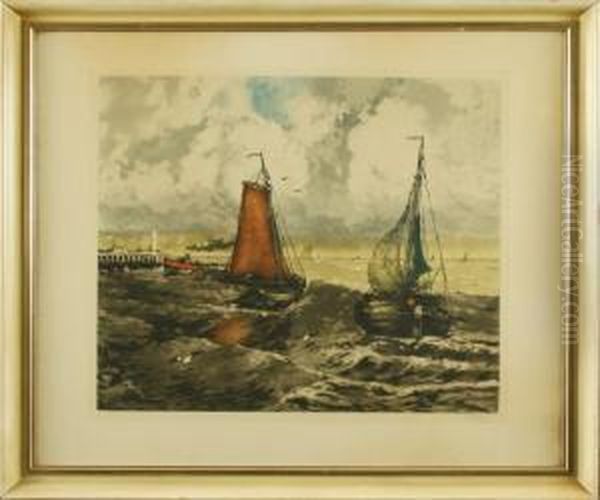 Franzosische Fischerboote Beimauslaufen Aus Dem Hafen Oil Painting by Ferdinand Jean Luigini