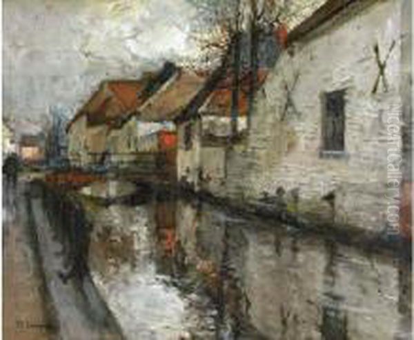 Maisons Au Bord Du Canal Oil Painting by Ferdinand Jean Luigini