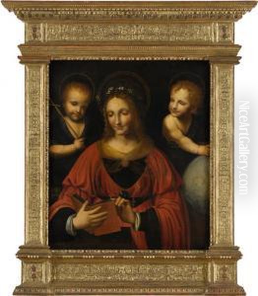 Muttergottes, In Einem Buch Lesend, Christusknabe Mit Weltkugel Undjohannesknabe. Oil Painting by Bernardino Luini