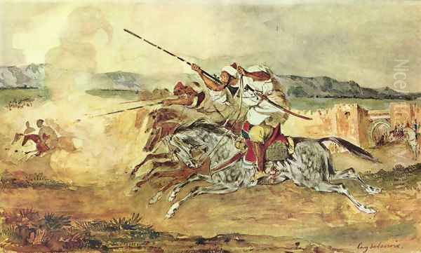 A Turkish Man on a Grey Horse attacking Oil Painting by Eugene Delacroix