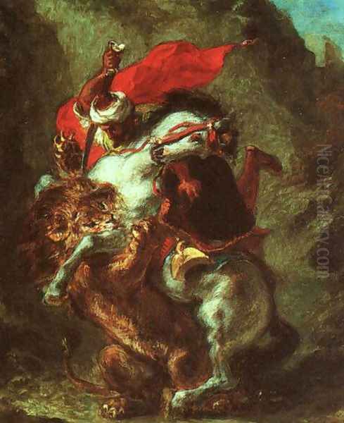 arab horseman attacked by a lion (1849) Oil Painting by Eugene Delacroix