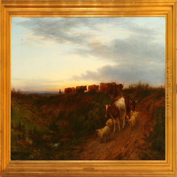 Driving Home Cattleand Sheep In The Dust Oil Painting by William Snr Luker