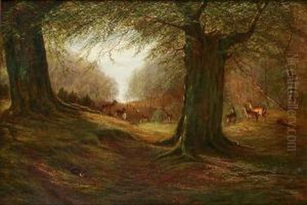 Deer And Rabbits In A Woodland Glade Oil Painting by William Snr Luker