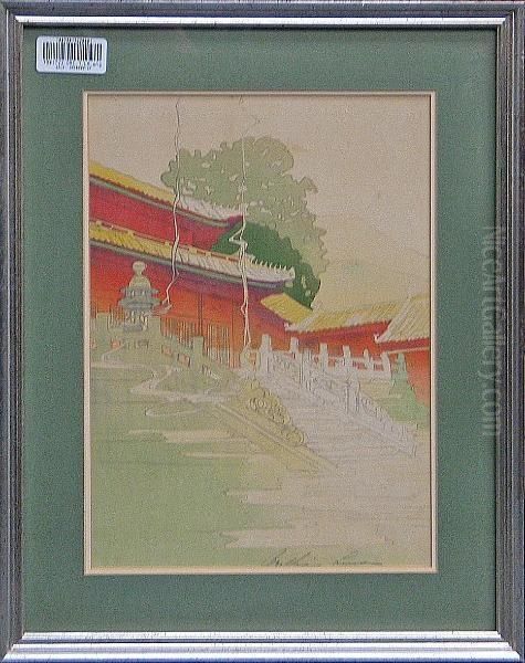 Entitled Tan Shi Sou, White 
Snake Temple, Dated 1924, Bertha Lum; Good Impression, Color Somewhat 
Faded Oil Painting by Bertha Boynton Lum