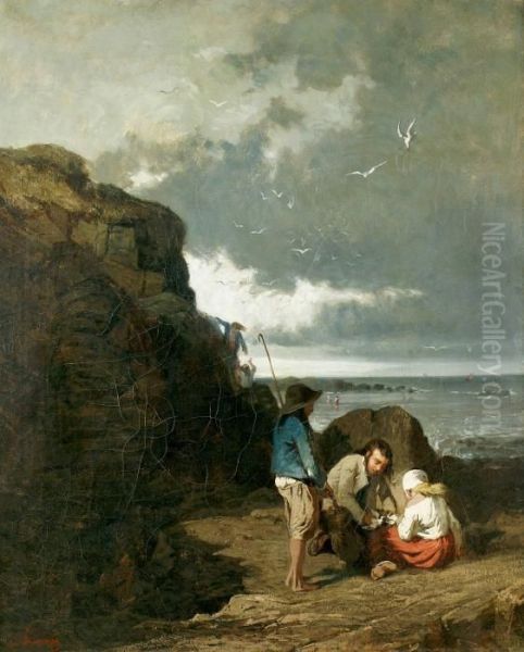 Enfants Dans Les Rochers Pres Du Rivage Oil Painting by Evariste Luminais