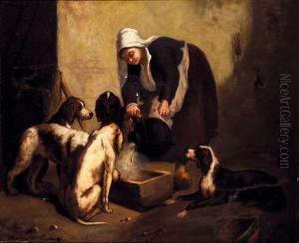 La Soupe Des Chiens De Chasse. Oil Painting by Evariste Luminais