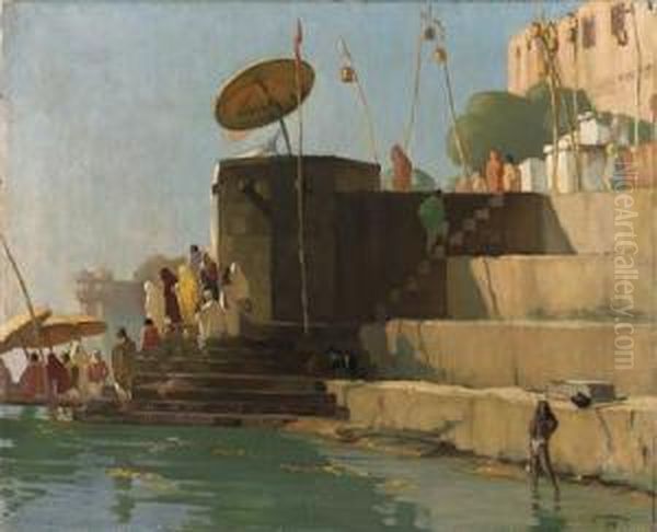 A Benares Ghat; On The Steps By The Ganges Oil Painting by Ernest Stephen Lumsden