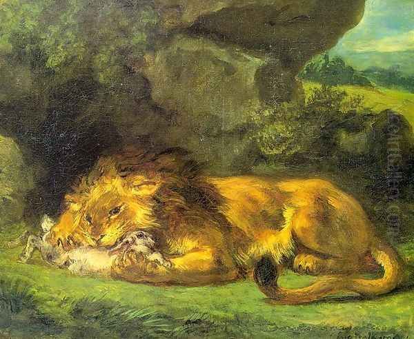 Lion with a Rabbit Oil Painting by Eugene Delacroix