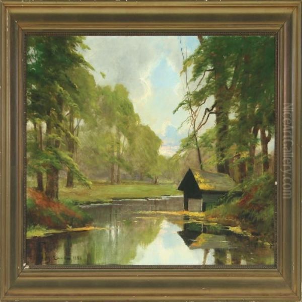 Scenery With A Forest Lake Oil Painting by Carl Ove Julian Lund