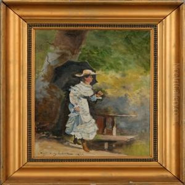 A Strolling Woman With A Sunshade. Signed Carl O. J. Lund 1917 Oil Painting by Carl Ove Julian Lund