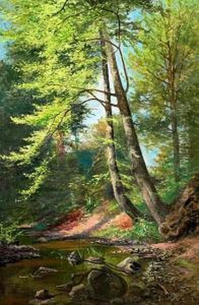 A Forrest With A Stream. Signed Carl O. J. Lund 1911 Oil Painting by Carl Ove Julian Lund