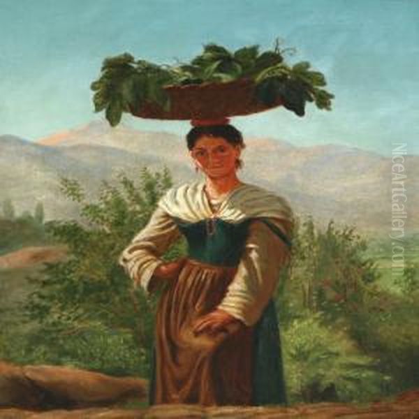 Italian Scenery With Peasant In The Front Oil Painting by Frederick Christian Lund